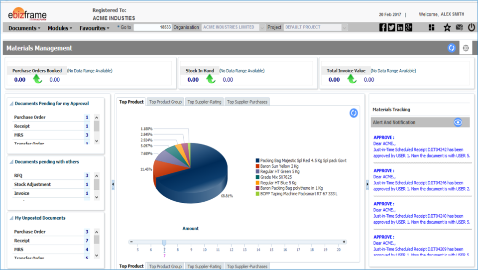 screenshot of ebizframe ERP